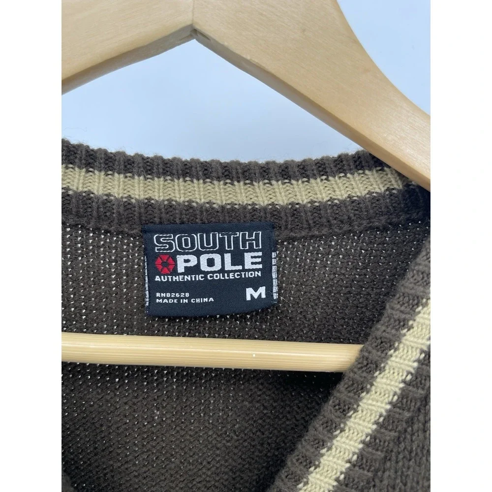 South‎ Pole Sweater Vest Men Medium Brown V Neck Knit Y2K Streetwear